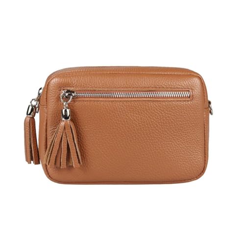 OBC Made in Italy Damen Leder Tasche Umhängetasche Schultertasche Beuteltasche Cross-Over Cross Bag Glattleder Schmucktasche Fransen Ledertasche (Cognac)