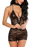 Avidlove Plus Size Lingerie Cute Nightgowns Lace Chemise Halter Nighty Black XL