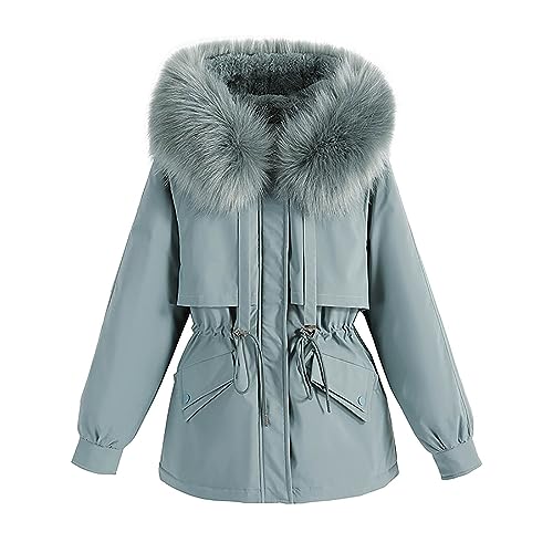 Women's Winter Thicken Puffer Coat Drawstring Elastic Waist Warm Fleece Lined Pockets Parka Jacket with Faux Fur Hood