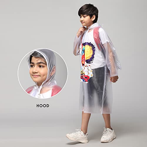 Image of THE CLOWNFISH Toon Caper Series Kid's Waterproof PvcLong Length Coat With Adjustable Hood & Extra Space For Backpack /Schoolbag Holding. Printed Plastic Pouch.