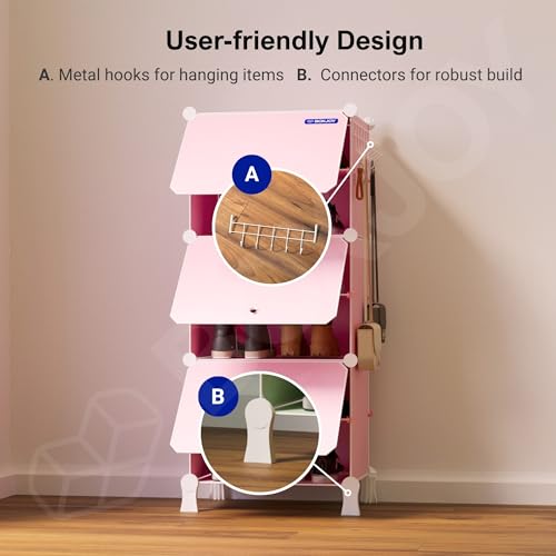 Image of BOXJOY 6 Shelf Shoe Rack with 3 Doors, Magnets, 5 Hook Steel Holder & Wooden Hammer for Home Storage PP Plastic Organizer with Metal Door Frame to Cover Chappal Slipper Sandals Shoes Box Stand (Pink)