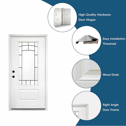 Image of 36 inch x 80 inch Fiberglass Exterior Front Door, Left-Hand Inswing, Exterior Doors for Home Entry with Frosted Glass for Privacy, LVL Stile Construction, Knock-Down Kit with Brickmould, Decorative Glass