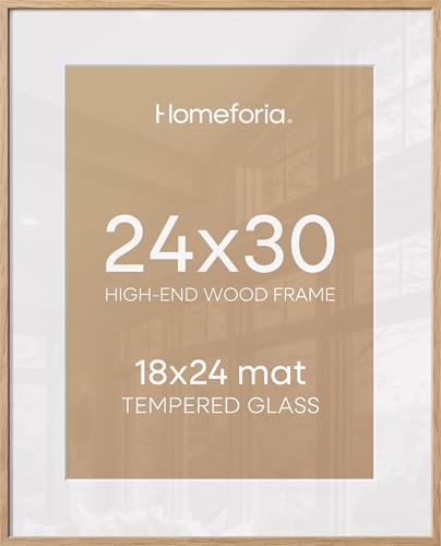 Image of Homeforia 24x30 Picture Frame Wood, High End Natural Oak 24 x 30 Frame with Mat 18 by 24, 24x30 Light Wooden Poster Frames Matted to 18x24 Photo, 30by24 Large Frame, Tempered Glass, Wall Kit, Set of 3