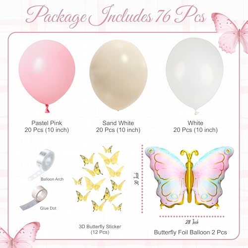 Image of Pink, White and Sand White Balloon Garland Kit Pack of 76 Pcs with Foil Butterfly for Birthday, Anniversary, Home Decoration