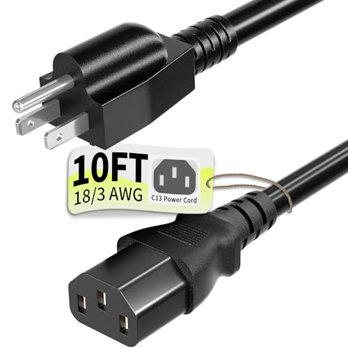 Vockjour 3 Prong AC Power Cord Cable 10ft 10 Amps 125 Volts 18AWG, NEMA 5-15P to C13, Black PC Power Cable for TV, Computer, Monitor, Printer, PlayStation, HP, Dell, Lenovo, Apple, Asus-ETL Listed