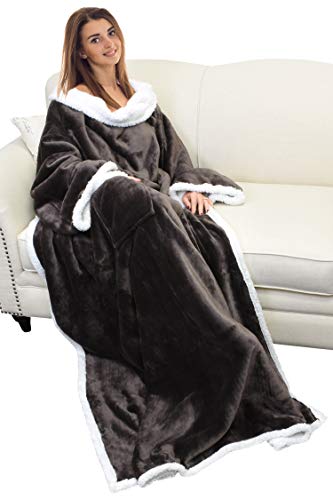 Catalonia Sherpa Wearable Blanket with Sleeves Arms, Super Soft Warm Comfy Large Fleece Plush Sleeved TV Throws Wrap Robe Blanket for Adult Women and Men, Brown