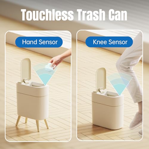 Image of Yatmung 2 Pack - Motion Sensor Trash Can with Lid - Slim Smart Garbage Can | Waste Basket for Bedroom, Office, Kitchen, Living Room - Automatic Trash Can Bathroom Touchless - White with Wooden Legs