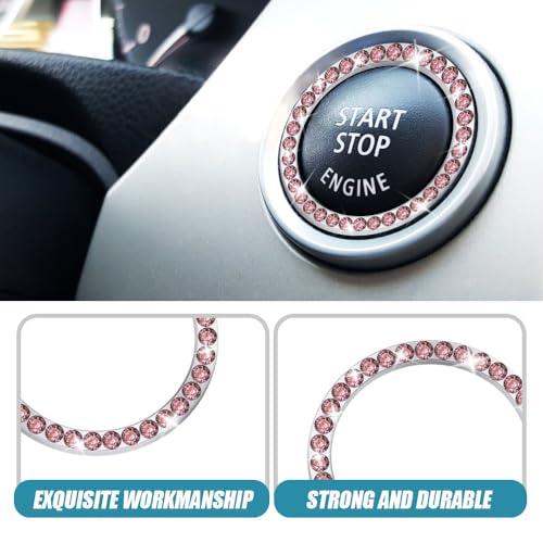 Image of 2 Pcs Crystal Rhinestone Car Engine Start Stop Decoration Ring, Push to Start Button Cover, Bling Car Accessories for Women, Key Lgnition Starter Knob Ring (Pink)
