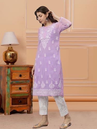 Image of Seva Chikan Hand Embroidered Lucknowi Chikankari Georgette Kurta with Inner Slip SCL4711