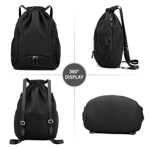 Valleycomfy Sports Gym Bag Drawstring Backpack with Shoes Basketball Bag and Two Water Bottle Holder,Black3