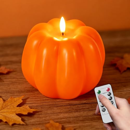 Image of Wondise Orange Fall Decorations Real Wax Pumpkin Candles with Remote Timer | Battery Operated Fall Candles Fall Decor for Thanksgiving Gifts, Autumn Farmhouse Harvest Decor for Home Decoration