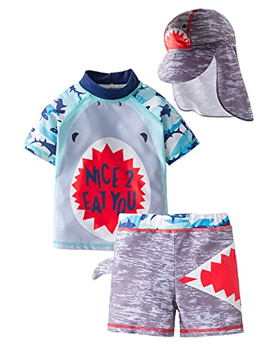 Styles I Love Kid Boys Shark Printed Short Sleeve Rash Guard Set and Sun Hat 3pcs Multicolored Swimsuit Beach Bathing Suit (18 Months)