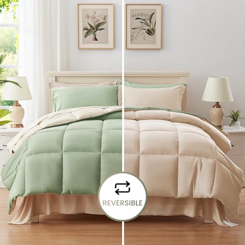 Anluoer Queen Comforter Set 7 Piece, Sage Green Bed in a Bag with Sheets, All Season Bedding Comforter Sets with 1 Comforter, 2 Pillow Shams, 2 Pillowcases, 1 Flat Sheet,1 Fitted Sheet