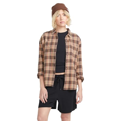 Volcom Women's Plaid to Meet U Long Sleeve Flannel Shirt, Vintage Brown