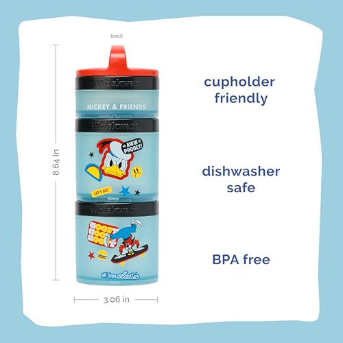 Image of Whiskware Disney Mickey Mouse and Friends Stackable Snack Containers for Babies, Toddlers, and Kids, 3 Stackable Snack Cups for School and Travel, Cupholder Friendly, Squad!