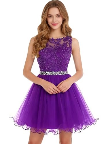 Image of Dydsz Women's Lace Applique Short Prom Dress A Line Tulle Homecoming Dresses Beaded Mini Graduation Party Dress