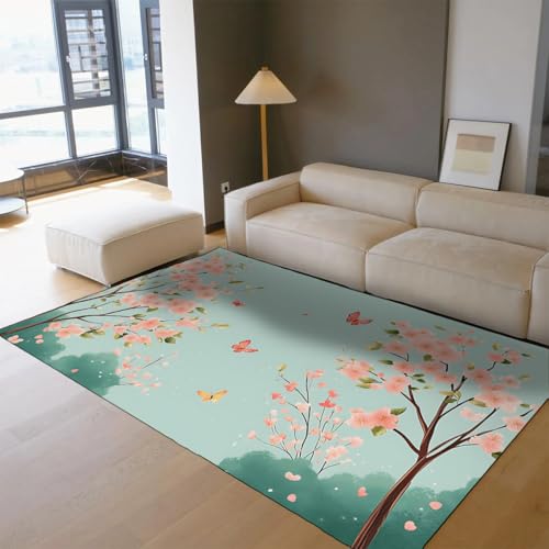 Tapis de chambre vert doux et lavable avec branche florale rose
