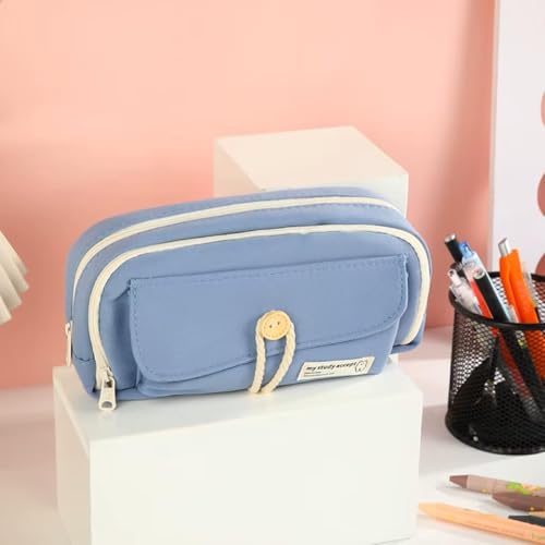 Image of Kawaii Cute Aesthetic Pencil Case for Girls & Boys | 3 Layer 6 Compartment Large Capacity Pencil Pouch with Zipper | Cartoon Stationery Organizer Bag for Students & Kids (Blue)