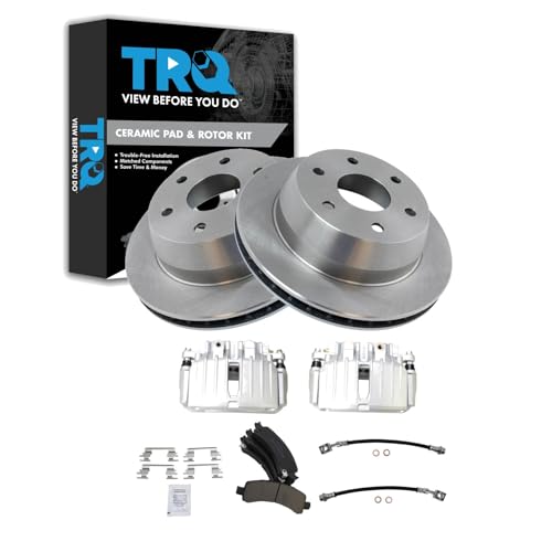 Image of TRQ Rear Brake Pad and Rotor Set Ceramic Rotors Calipers Compatible with 2002 Chevrolet Avalanche 1500 Suburban 1500 Tahoe GMC Yukon Yukon XL 1500