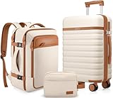 UKEIN Luggage Sets 3 Piece, Carry On Luggage 20In With Spinner Wheels,PC Hardside Suitcase Set with TSA Lock,Durable Carry On Suitcase With Travel Backpack for Men (Beige, 3 piece set (20inch))