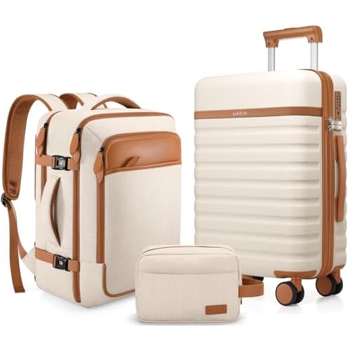 UKEIN Luggage Sets 3 Piece, Carry On Luggage 20In With Spinner Wheels,PC Hardside Suitcase Set with TSA Lock,Durable Carry On Suitcase With Travel Backpack for Men (Beige, 3 piece set (20inch))