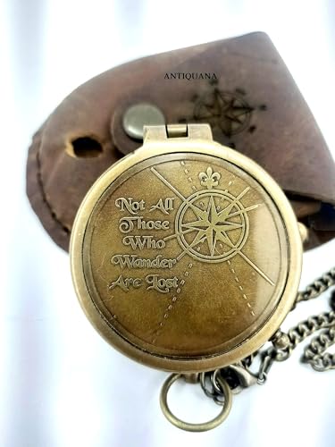 Brújula de latón con grabado y estuche de cuero miniatura 5