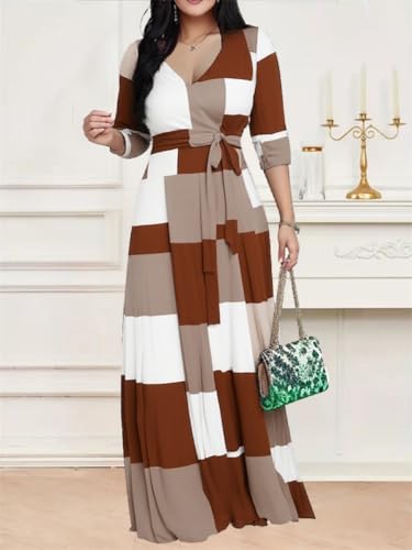 Image of CaniBtr Maxi Dresses for Women Plus Size 3 /4 Sleeve Long Dress with Belt | Versatile plus-size maxi dress,wrap v-neck + waist tie craft soft glamorous looks easily for everyday casual outings