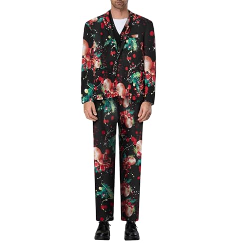 Men's Christmas Suit 3 Piece Slim Fit Xmas Printed Blazer Jacket Pant Vest Formal Dress Party Prom Outfits (#1-Black Light Ball, M)