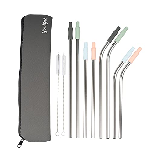 Goodful 8 Piece Variety Pack Reusable Travel Stainless Steel Straw Set, Travel Case, Cleaning Brushes, Removeable Silicone Tips, Multi Color