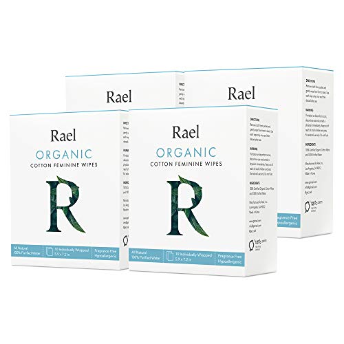 Rael Organic Cotton Feminine Wipes - Unscented, Organic Cotton, Ideal for Sensitive Skin, Individually Wrapped (4 Pack, 40 Count)
