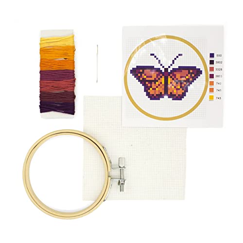 Image of Kikkerland DIY Mini Cross Stitch Butterfly Embroidery Craft Starter Kit Set, with Pattern Instructions, 3 inch Bamboo Hoop, Stress Relief, Adult Beginner Friendly