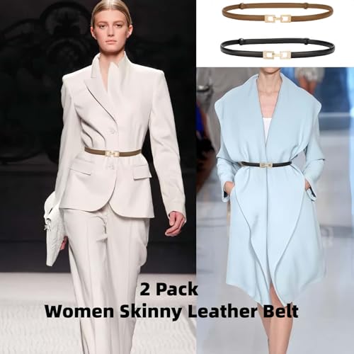 2 Pack Skinny Belts for Women PU Leather Thin Belt with Gold Buckle Ladies Waist Belt for Jeans Pants Dresses Coats2