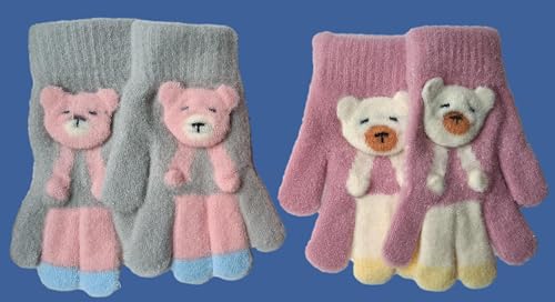 Image of Kids Winter Woolen Hand Gloves for Girls (Age 8-12 Years) | Soft Warm Knitted Gloves | Cute Teddy Bear Design | Cold Weather Gloves | Pack of 2 Pairs