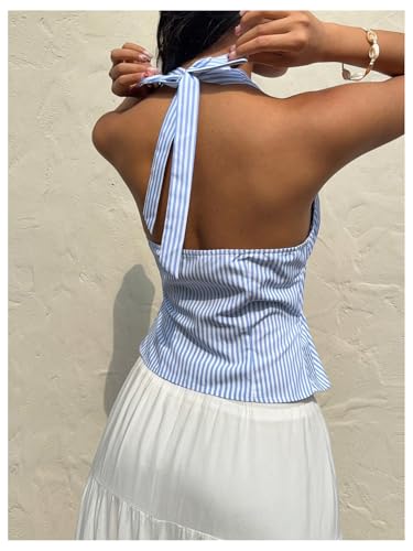 Milumia Women's Striped Tie Bow Front Halter Top Sleeveless Ruched Ruffle Hem Tank Tops2