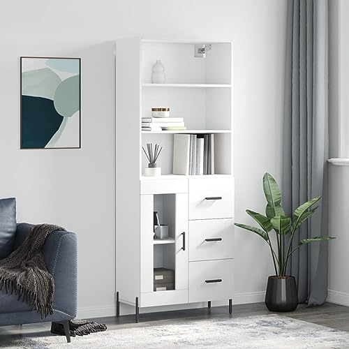 Aparador moderno de madera multicapa blanca 69,5 x 34 x 180 cm con puerta y tablero de cristal, mueble para salón con amplio espacio de almacenamiento y patas de hierro, diseño elegante