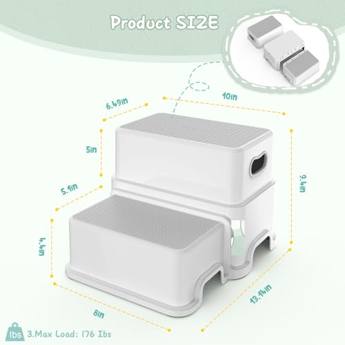 Image of Victostar 2 Step Stool for Kids, Anti-Slip Sturdy Toddler Two Step Stool for Toilet Potty Training, Bathroom,Kitchen(Grey-White)