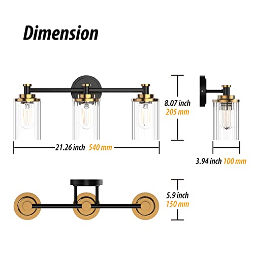 Image of Bathroom Lighting Fixtures Black and Brass Bathroom Vanity Light with Cylindrical Clear Stripes Glass Lampshade E26 Socket Base Bathroom Lighting Fixtures Over Mirror (3 Lights)