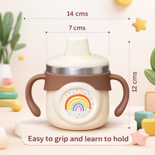 Image of THE LITTLE LOOKERS Stainless Steel Sipper Bottle 260ml | 316 Grade SS | BPA Free | Suitable for Hot & Cold | Travelling Bottle for Kids & Toddler | Training Sippy Cup with Straw /Spout (Beige)