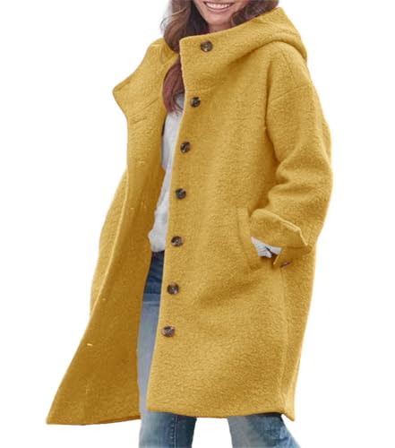 chouyatou Women's Winter Single Breasted Long Wool Coat with Hood Casual Wool Blend Trench Coat Jacket (Medium, Yellow)