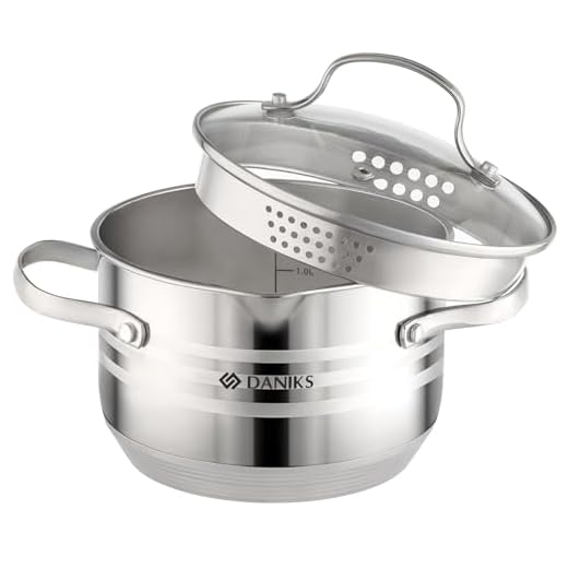 Daniks Tokio Stainless Steel Stock Pot with Glass Lid| Induction 2 Quart | Pasta Pot with Strainer Insert | Dishwasher Safe Pot | Measuring Scale | Soup Pasta Stew Pot | Silver