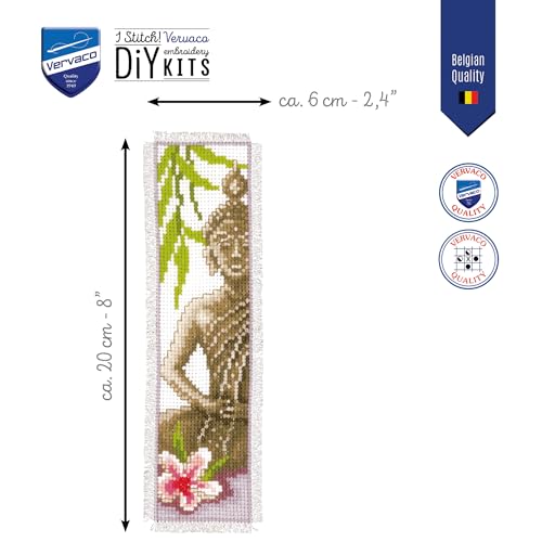 Image of Vervaco Cross Stitch Embroidery Kit for Adults, Cross Stitch Set Pre-Printed with Embroidery Design on 100% Cotton Fabric, Embroidery Templates 2,4 x 8 Inches - 6 x 20 cm, Bookmark Kit, Buddha