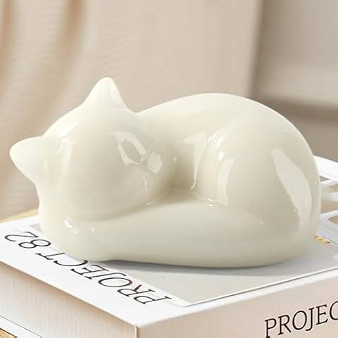 UITWMKTG Cat Statue Cat Figurines Cute Cat Decor 5.12” Sleeping Cat Sculpture Modern Room Decoration for Bedroom Living Room Table Top Aesthetic Gift for Cat Lovers Women Men Teen Girls and Boys White Cover