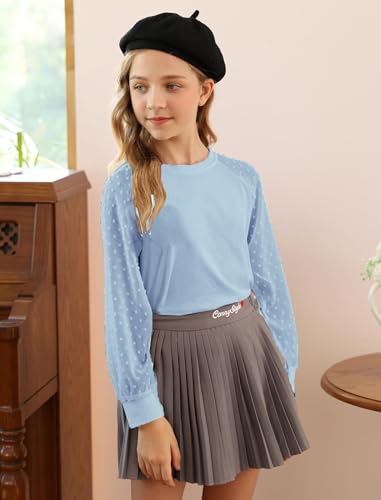 Image of Yekaty Girls Shirts Casual Solid Color Crewneck Blouses Soft Long Sleeve Swiss Dots Chiffon Tops