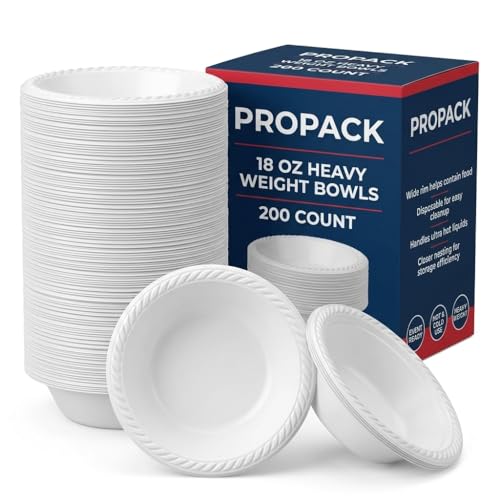 Propack [200 Count] Disposable Plastic White 18 oz Heavy Weight Bowls, Great For Weddings, Home, Office, School, Party, Picnics, Take-out, Fast Food, Outdoor, Events, Or Every Day Use