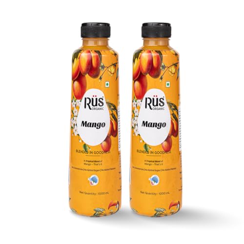 Image of Rus Organic Mango Juice | Natural Fresh Alphonso Mango Fruit Juice | Cold-Pressed | Pack of 2 (1000ml Each) | No Added Sugar or Preservatives | Rich in Antioxidants | Refreshing Drink