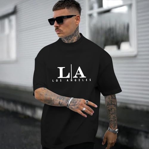 Image of BeWithYou Oversized Graphic Tshirts for Men Vintage Los Angeles Letter Graphic Shirt Baggy Streetwear Tee Casual Cotton Tops