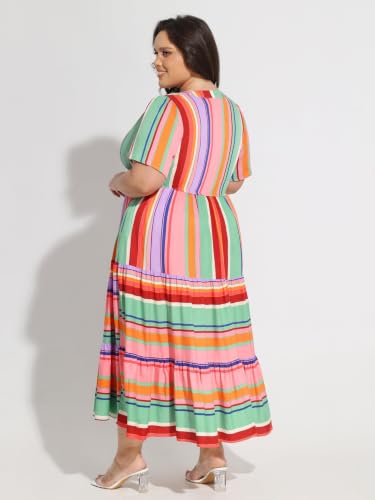 Image of TIYOMI Women Plus Size Dress Boho V Neck Short Sleeve Beach Maxi Dresses Floral /Stripe /Leaves /Lemon XL-5XL