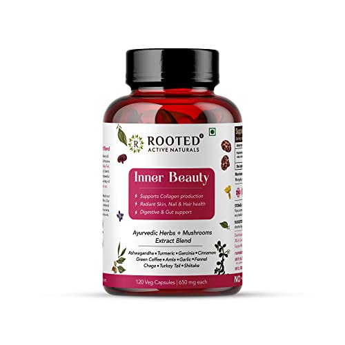 Rooted Inner Beauty Supplement for Collagen, Gut, Radiant Hair & Skin health | Mushrooms + Herbs Extract Blend | 120 Veg Caps of 650 mg each