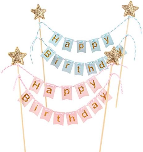Whaline 2 Pack Happy Birthday Cake Topper Bunting Banner Garland Pennant Flags Party Cake Decoration for Girls Boys Supplies