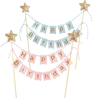 Whaline 2 Pack Happy Birthday Cake Topper Bunting Banner Garland Pennant Flags Party Cake Decoration for Girls Boys Supplies